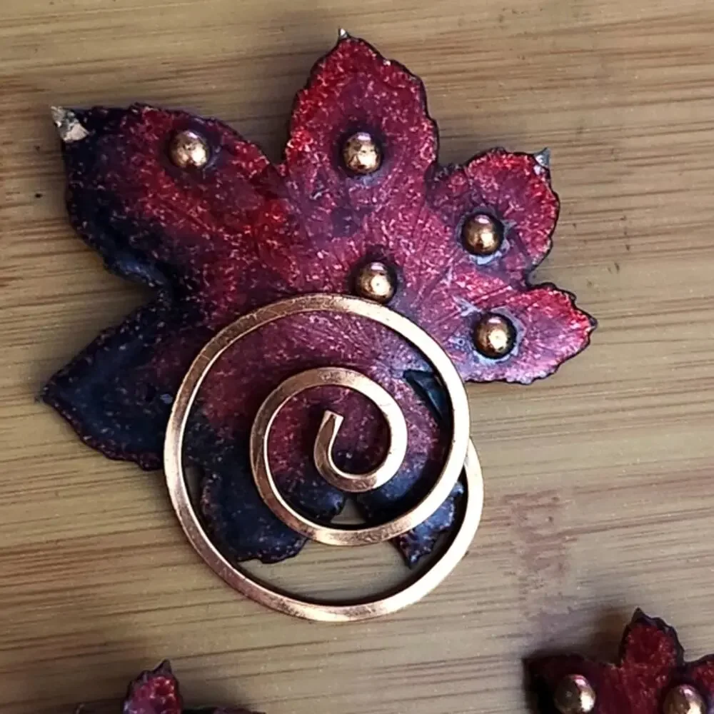 Vintage MATISSE Copper Enamel Red Maple Leaf Brooch & Earrings Set Mid Century